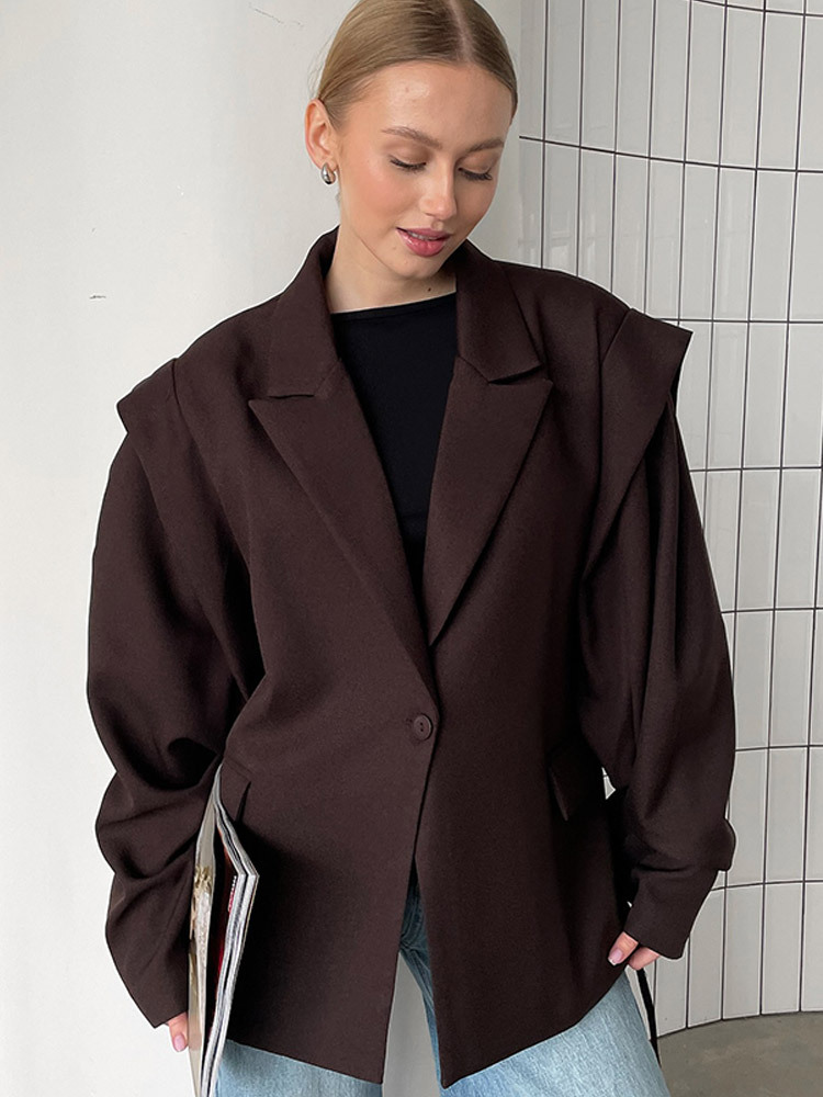 Blazer Women Oversized - Jas Blazer Retro Cokelat Berikat Pinggang