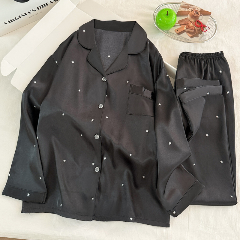 Women'S Fashion Pajamas - Piyama Sutra Hitam Bintang Sederhana Modis