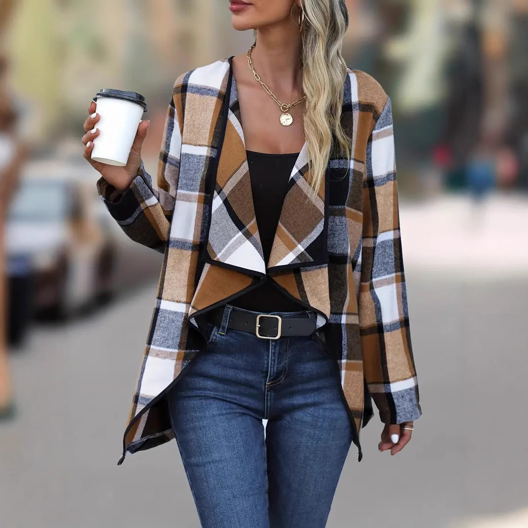 Women'S Fashion Jackets Amazon - Kardigan kotak-kotak warna kontras elegan dan