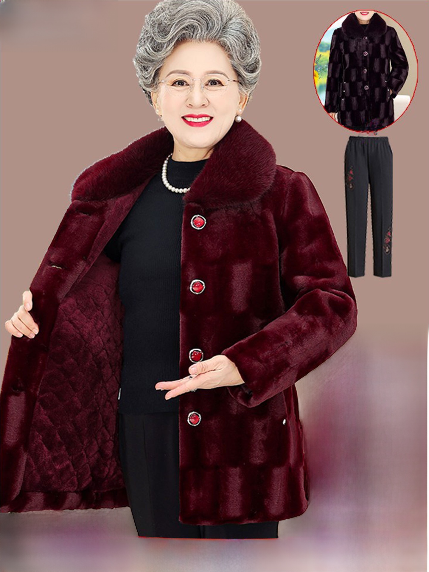 Women Fashion Over 60 - Mantel Beludru Mink Tebal Panjang Sedang
