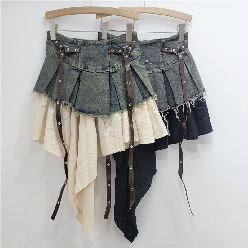Rok Mini Denim Vintage Berlipi - Pleated Skirt Women ulasan dan harga