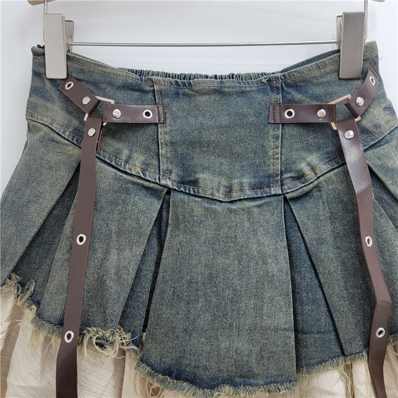 Rok Mini Denim Vintage Berlipi - Pleated Skirt Women ulasan dan harga