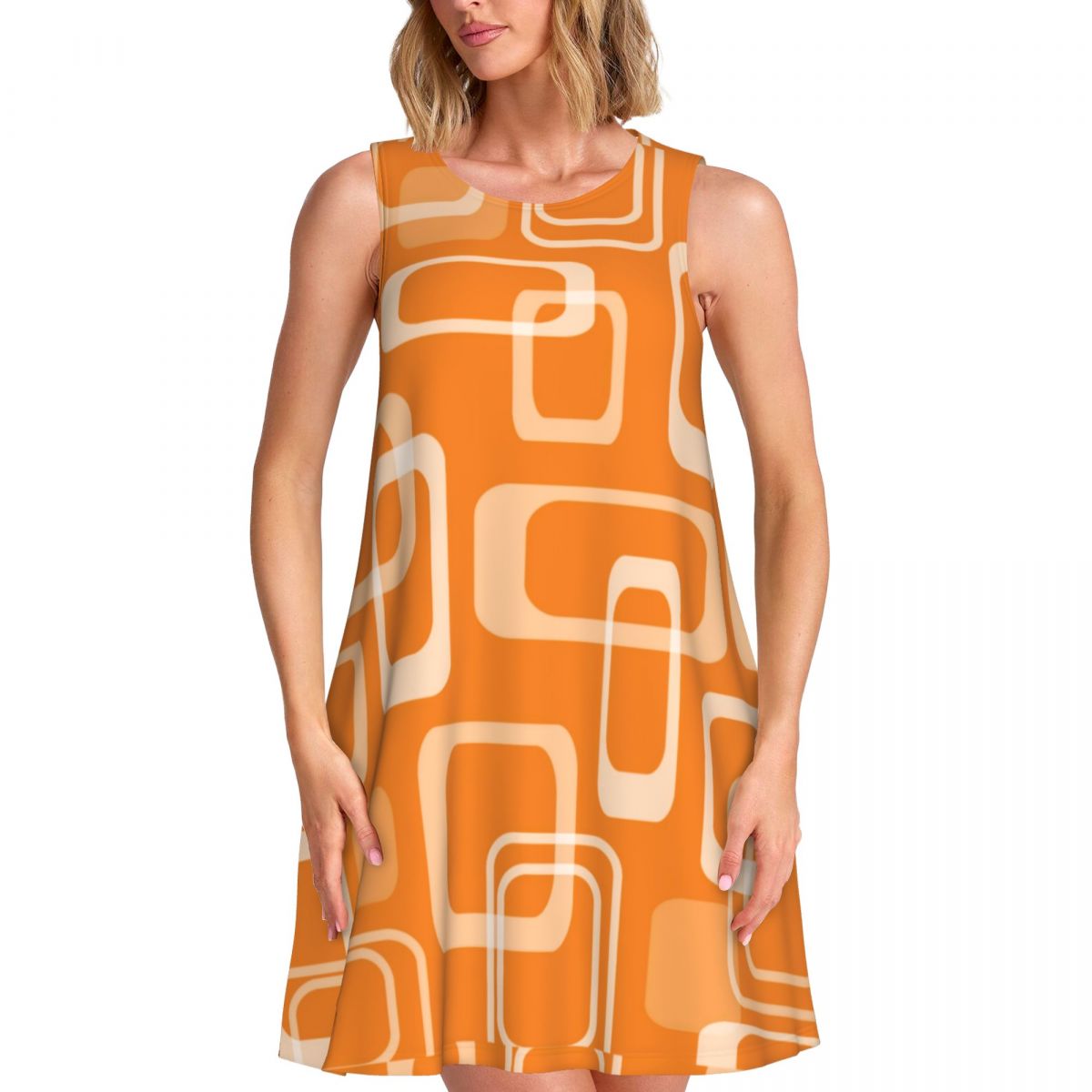 Gaun Retro Oranye Motif Kotak  - Women'S Fashion In The 60S ulasan dan harga