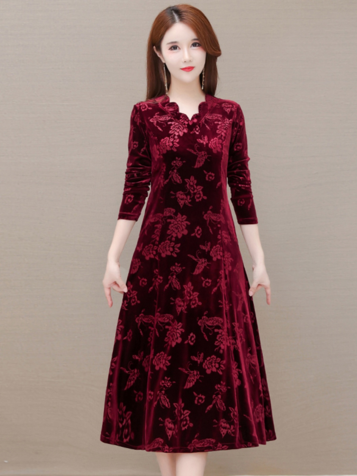 Gaun Beludru Elegan V-Neck Rok - Women Fashion Over 60 ulasan dan harga